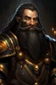 Placeholder: a dwarf with long black braids in a big, trimmed black beard. He has a big nose. Big bushy black eyebrows. He is dressed as a Paladin in a fantastic medieval style. He wears golden paladin armor. With a war materiel.