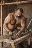 Placeholder: portrait shot photography of an ugly 48 year old chubby big robust burly arab carpenter working on the mud, dirty and wet, tattoo, wearing bulging shorts, shirtless, hairy chest, serious, very virile, short beard, curly hair,, , in a sunny construction work area, photorealistic , photorealistic