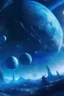 Placeholder: A3 format spray paint planets with nebula in the background all in blue tint. Add some ancient spaceships and shipwrecks