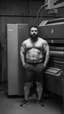 Placeholder: robust muscular turkish chubby 35 year old man in tracksuit, short beard, shirtless, printer in an old printing house, next to a huge old printer, dim light, side light, ambient occlusion