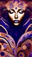 Placeholder: A digital artwork of women face open eye wide adorned with intricate patterns and designs. The figure's face is covered in swirling lines, circles, and other abstract patterns in hues of mocha, navy and gold.The background is a colorful glass , with abstract patterns that complement the figure's design. The overall ambiance of the image is dreamy and surreal.