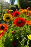 Placeholder: a medow with orange an red flowers i sunshine , in the middle a dear among the flower looking at the camera