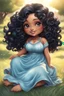 Placeholder: An airbrushed chibi black cartoon of a curvaceous woman with flowing of curly twisted of black hair that's highly detailed, wearing a light blue maxi dress. She sits relaxed on the grass facing the warm sunlight, which illuminates her face as she looks to the side with a small smile, accentuating her prominent makeup and brown eyes.