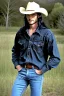 Placeholder: A man with long black hair, blue eyes, wearing a cowboy shirt and blue jeans