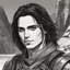 Placeholder: A portrait of Jared Leto in his early 30s, long beachy haircut, black hair, on a rocky island, in ebony armor from Skyrim, melancholic and dangerous facial expression, half-smiling, drawn in the style of ink manga sketch