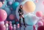 Placeholder: beautiful full body with long boots lady in surreal stage made of fractal random size spheres with helical strip colors in clothing similar to environment full body posing to camera