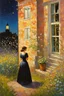 Placeholder: Night, vegetations, flowers, one woman, house, distant buildings, theodor philipsen, and claude monet paintings