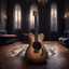 Placeholder: Hyper Realistic extremely-fancy-guitar standing on a floor of a fancy castle lounge with beautiful windows & velvet-curtains-with-musical-notes-printed-on-curtain at dark night with dramatic-&-cinematic-ambiance