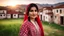 Placeholder: Aphotographic middle shot of a beautiful a young Pakistani pashto woman (age 25 with beautiful black hair and pretty eyes) in a beautiful traditional red and white checkered dress with white dupatta happily standing outside beautiful village houses made bricks with long grass and mountains behind her at beautiful cloudy sunset with sun-rays on her face showing cinematic And dramatic ambiance.