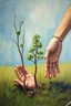 Placeholder: Hands are planted in the ground like trees Busch painting style