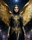 Placeholder: Photography A Length Super model Iranian Woman Hijab as Beautiful Archangel with wings made from metal craft,dressing luxurious golden and black color armor filigree fcombination fully crystals diamonds stone crystals,Cosmic Nebula Background