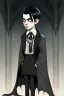 Placeholder: black haired young man wizard with gothic jewelry in the style of charles addams