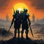 Placeholder: in the midst of this chaos, two warriors emerged in exoskeleton armor, standing in the desolate post-apocalyptic wasteland. One of them, holding an electric rifle, ready for battle, while the other, with their back turned, their silhouette stark against the eerie landscape reminiscent of Zdzisław Beksiński's artworks. the sun dipped below the horizon, casting long shadows across the twisted wreckage of civilization, the warriors braced themselves for the inevitable confrontation.