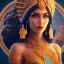 Placeholder: 3D close-up of a beautiful Arab pharaonic girl, sarcastic smile, high contrast, glowing backlighting, blue and red backlighting, vibrant hair, dark brown eyes, sharp focus, high makeup, face painting, background blur.