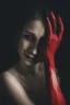 Placeholder: A photograph of a red hand with black eyes, covering part or all of her face and body while she smiles in an eerie way. The background is dark and the woman's expression adds to its mysterious allure. Her presence creates an atmosphere filled with unease and curiosity. --ar 29:44 --v 6. 0