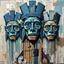 Placeholder: A powerful mixed media artwork blending street art and abstract expressionism. Three totemic, figure-like forms dominate the composition, painted in blue, teal, and earthy tones. Their expressive, mask-like faces emerge from layered paint, collage textures, and fragments of urban text. Dripping paint, gestural marks, and raw brushstrokes create an urban, weathered surface. The layered mixed-media technique conveys themes of identity, memory, and cultural heritage. The mood is contemplative and m