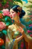 Placeholder: A very beautiful Chinese woman in the garden? unusual flowers, very cute, smooth, active sequins, elegant fantasy, intricate, 8k, oil on canvas, beautiful, high detail, fantastic view, hyperrealistic, over-detailed, clear quality, colorful, artgerm, Alphonse Mucha, Catherine Abel. Catherine Welz Stein. Dmitry Vishnevsky. Gustav Klimt, R. Giger. Jacek Yerka. Josephine Wall, Carrie Ann Baade