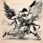 Placeholder: [traditional Chinese brush, expressive line, ink washes] Jacob wrestling with angel