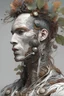 Placeholder: Complex 3d render ultra detailed of a handsome male porcelain profile face, biomechanical cyborg, analog, 150 mm lens, beautiful natural soft rim light, big leaves and stems, roots, fine foliage lace, colorful details, massai warrior, alexander mcqueen high fashion haute couture, pearl earring, art nouveau fashion embroidered, steampunk, intricate details, mesh wire, mandelbrot fractal, anatomical, facial muscles, cable wires, elegant, hyper realistic, ultra detailed, octane render