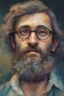 Placeholder: Parisian bohemian man with glasses of colours and poor and short short hair on the head with receding hairline. Farsightedness glasses with big eyes. Long beard. Style like Goya paintings and look and feel