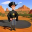 Placeholder: Caricatura de un hombre con sombrero vaquero de aleron grande negro cara levantada cuerpo completo