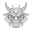 Placeholder: White, minimalis line art , oni mask japanes scarry, vector, white background, outline, with images neatly contained within the background, just black and white color,