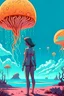 Placeholder: woman in a form-fitting suit, standing on a beach of an alien world, watching mushrooms with jellyfish tentacles in the sky