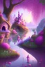 Placeholder: largo panorama fatato rosa chiaro, violetto chiaro, con con fata, unicorno, gnomi fiori , castello fatato, con sfondo di fiori e piante, fiume