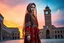 Placeholder: "A hyper-detailed digital painting of a young woman in traditional Azerbaijani folk costume standing in Tabriz Saat Square. She wears a floor-length crimson, gold, and sapphire embroidered dress with intricate embroidery, a translucent patterned ropush (scarf) draped over her head revealing braided hair with silver guppu (coins). The composition follows the rule of thirds, with the 19th-century clock tower framing her silhouette against a gradient sunset sky of tangerine and lavender. Ultra-deta