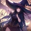 Placeholder: Clear focus,High resolution, black long fluffy hair, long fluffy bangs, purple eyes, wearing a witch outfit, wearing a short skirt