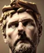 Placeholder: Ultra Realistic image, roman sculpture, marble deluxe material, Lionel Messi, gold Laurel leaves crown model, miguel angel style, chisel style, emperador, waist up portrait, cinematic lighting, God light, god rays, 4k resolution, smooth details, ornate details, soft lighting, unreal engine 5, soft cyan background.