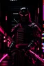 Placeholder: cyber samurai black, full body, pink eyes light, photorealistic, dark background on Tokyo Japan in the night, high contrast illumination , Mysterious