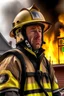 Placeholder: A sad fireman in front of a burning house