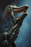 Placeholder: hottest crocodile yoga master, master oil painting, close up on virgin circus acrobats crawl in from the dark shadows, in the style of Escher and Giger