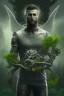 Placeholder: running berserker portrait , black jogging suite , in the night Alps , holding leaves and coins , angels background, volumetric light, high detail, dark leaf tree, dark mountains in background, perfect, HR Giger style