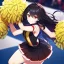 Placeholder: Clear focus, High resolution, long black fluffy hair, red eyes, chopped bangs, wearing a cheerleading outfit, jumping, wearing a skirt, legs together, smiling, Extreme Close up of eyes