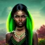 Placeholder: fantasy setting, woman, peau sombre, indienne, cheveux noirs avec une mèche verte