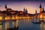 Placeholder: a view of an ancient medieval castle city resembling prague castle and venice at night with a sky full of stars, intricate, elegant, highly detailed, digital painting, artstation, concept art, smooth, sharp focus, colored illustration for tattoo, art by thomas kincade and alphonse mucha