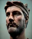 Placeholder: Gran angular, Realistic image, roman sculpture, marble deluxe material, Lionel Messi, gold Laurel leaves crown model, miguel angel style, chisel style, emperador, God light, god rays, 4k resolution, smooth details, ornate details, soft lighting, unreal engine 5, soft cyan background.