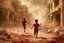 Placeholder: bloody children running from bombs in a ruined city in Palestina, smoke and fire and explosions