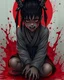 Placeholder: Tall girl samurai, face distorted with pain, screaming, tears streaming from eyes, siting pose, fullbody, splashes blood, behind guts rising from the ground, intricate, darkred tones, macro photography,