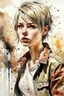 Placeholder: young woman in brown leather jacket, short blond hair in a bob cut, white tee shirt, urban suite, watercolor on wet, wet on wet, splashes, splash effect, drips, stains, style by Steve Hanks, intricate detailed, colored, black hair and eyes Modifiers: intricate high detail crisp quality colourful