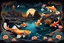 Placeholder: nice vibrant color koi fishes floating and flying on the dark sky over the weird surreal ancient city, around in the desert wird dark plants, death trees, pale light, splash art, melting, deep dark colors with metallic lines.high detailed, cinematic, weird art style ,masterpiece, fantasy, sci-fi concept art, dynamic lighting, hyperdetailed, intricately detailed, Splash screen art, surreal art, crepy stunning