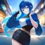 Placeholder: Clear focus,High resolution, Vibrant short blue hair, Vibrant blue eyes, Wearing a black short skirt,black crop top sleevelss,blue cut sleeves,black fingerless gloves, Smiling,Long bangs