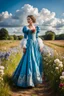 Placeholder: fullbody girl makeup wearing a victorian dress walking in country side ,flowers ,pretty clouds in blue sky