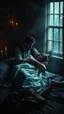 Placeholder: Remy Cogghe painting style, a trajectory a man holding his woman she is dying , she is laying down on bed in a foggy smoky background, in dark room with a dim candles light and a open window outside light , 4k, high quality photography