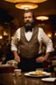 Placeholder: half figure shot photography of a 44 years old serious sicilian waiter in uniform, similar to Bud Spencer, bearded chubby man with hands in the pockets, in an empty restaurant, bulge, bullneck, manly chest, unshaved, short hair, photorealistic, dim light , side light, view from the ground