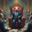 Placeholder: rich pig in suit on a throne making stacks of money by making a deal with a buisnessman. background of musicians. Payday payday. beksinski style.