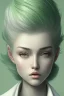 Placeholder: full length colour drawing, portrait, 22-year old friendly female human cleric, shaved head, light eyebrows, grey eyes, wearing white (10%) and dark green (80%)