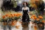 Placeholder: Night, one woman, orange flowers, gothic horror movies influence, puddle, epic, john singer sargent watercolor paintings